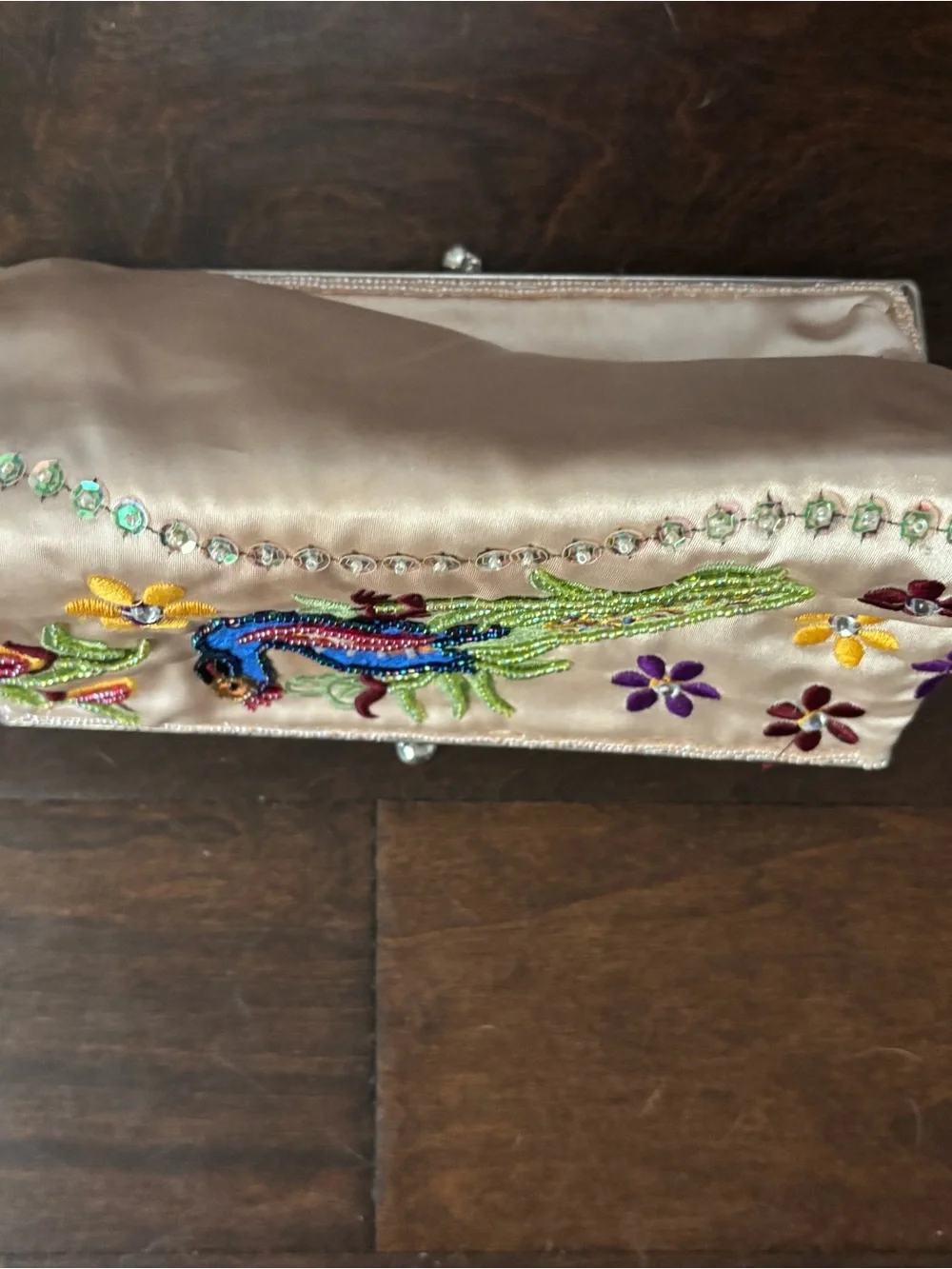 Chateau Vintage-Style Beaded & Embroidered Peacock Satin Kiss-Lock Clutch